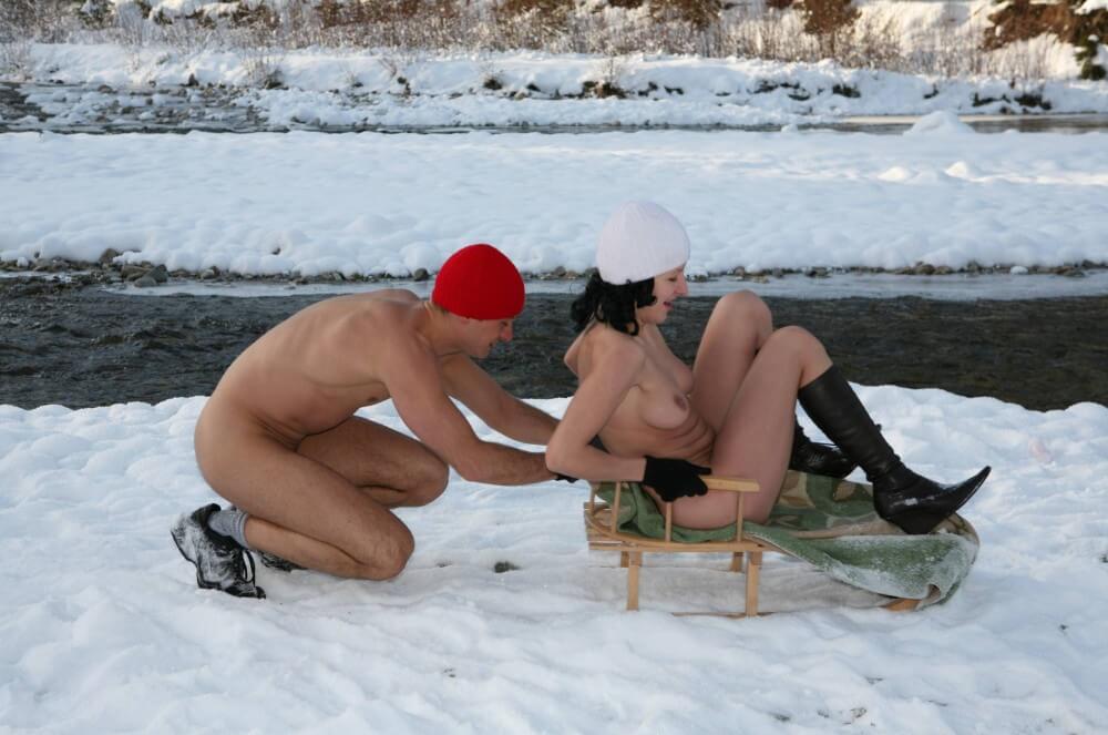 Naturist Girl Snow Day Couples Sled pics - Happiness is achieved through embracing naturism